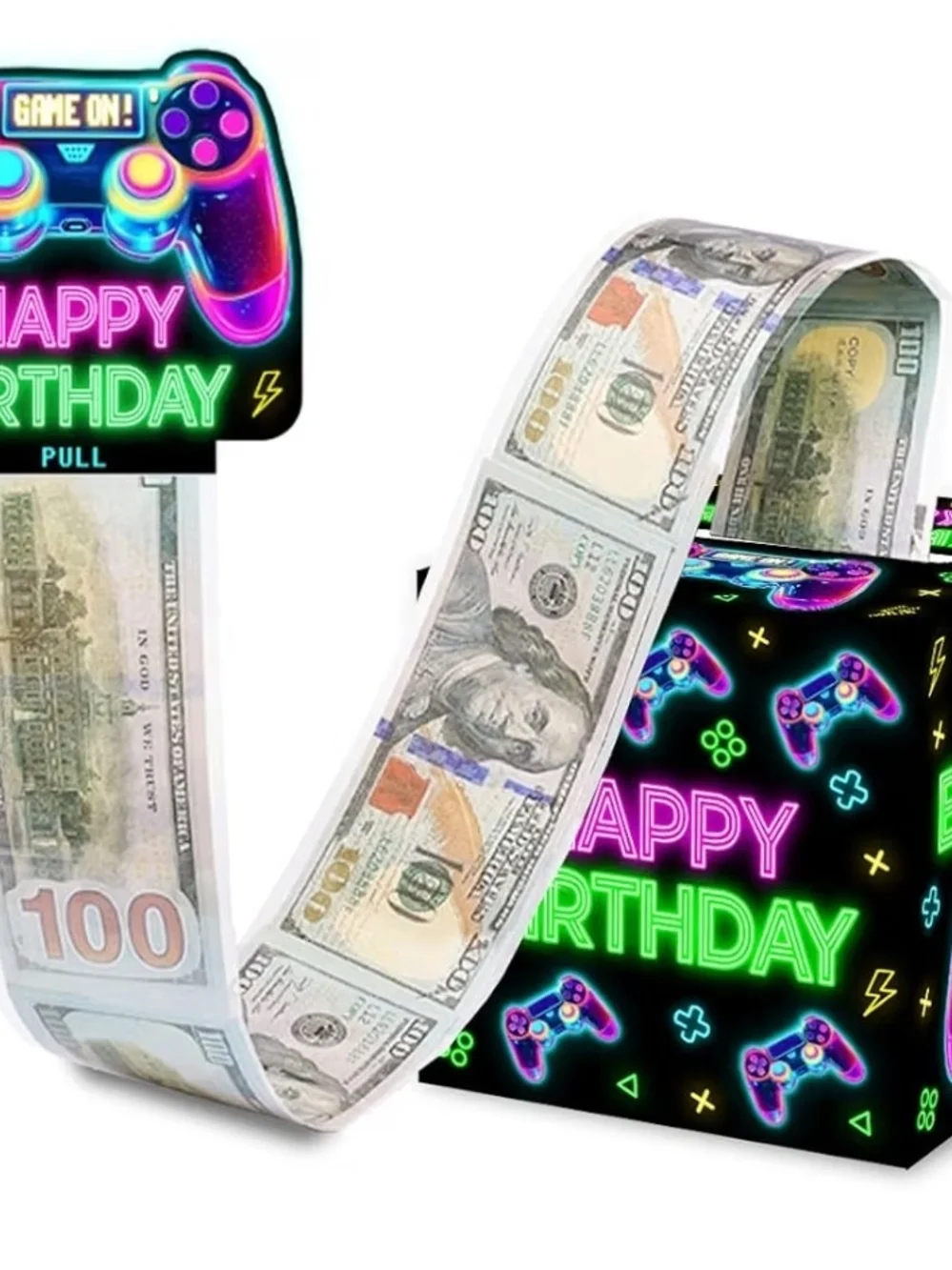 Happy Birthday Video Game Money Pull Box - Neon Controller Design
